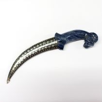A superb Eastern dagger with blue hardstone hilt and damascene sheath, L. 35cm.