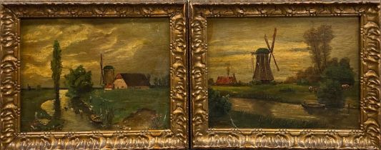 A pair of 19thC gilt framed oils on oak panel of rural scenes, frame size 38 x 31cm. (probably