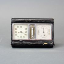 A mid 20th century leather covered travel clock / barometer, 14.5 x 10cm.