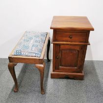 A hardwood single drawer bedside cabinet by Ancient Mariner together with an early 20th C oak stool,