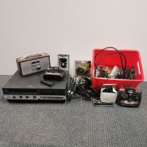 A JVC HR-D110EK video cassette recorder together with a Red wooden DAB radio and other mixed