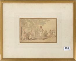 An 18thC framed watercolour 'The Desserter Apprehended'. Labeled verso attributed to T.Rowlandson (