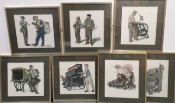 Seven framed prints depicting workmen, frame 62 x 58cm.