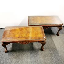 A pair of burr walnut veneered coffee tables with plate glass tops and ball and claw feet, 98 x 50 x