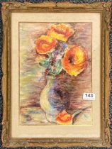 A framed pencil signed pastel of flowers in a vase, frame size 34 x 44cm.