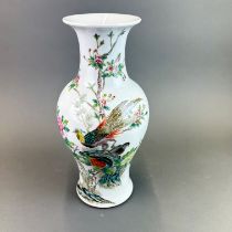 A Chinese hand enameled porcelain vase, H. 39.5cm (drilled to base previously used as a table lamp)