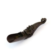 A Chinese bronze dragon head tea scoop, L. 12cm.