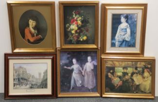 Six mixed framed prints, largest 61 x 53cm.