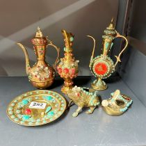 A group of "Jewelled" Eastern brass items, tallest H. 20cm.