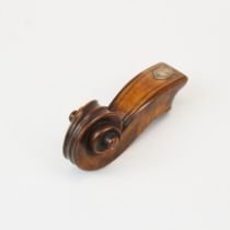 An early carved walnut wood violin shaped snuff box with white metal shield engraved 1843,