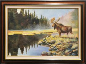 An original framed oil on canvas titled 'What is the moose looking at' by Clermont Duval with