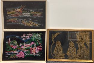 A pair of 1970's oriental framed oils on velvet, frame size 46 x 70cm. Together with a framed