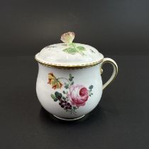 An early Derby soft paste porcelain chocolate cup and cover, H. 9cm.