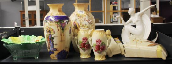 A pair of Crown Ducal 1920's vases, H. 30cm (one A/F to rim), together with 3 further vases and a