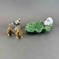 A 19thC Minton majolica rabbit leaf dish, L. 23cm. (minor glaze chip) together with a German