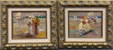 A pair of gilt framed oils on board by Villegas. Frame Size, 45 x 40cm