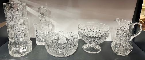 A group of five good cut crystal items, tallest H. 28cm.