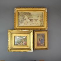 A 19thC gilt framed watercolour of a young family, Frame size 40 x 43cm. together with a further