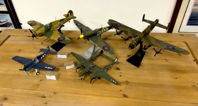 A group of 5 large diecast models of Second World War aircraft. Largest wingspan is 44cm. Some