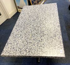 A useful steel and formica pedestal table. Size is 57cm x 110cm x 74cm.