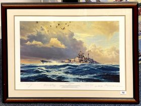A framed and signed limited edition print 644/850 "Sighting the Bismarck" by Robert Taylor. Signed