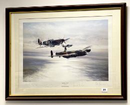 A framed pencil signed Robert Taylor print "Memorial flight" signed by Johnnie Johnson, Peter