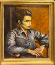 A gilt framed oil on board portrait 'The Amulet' by Daniel Fallshaw. Frame size 59 x 70cm.