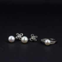 A pair of 925 silver earrings set with cultured pearls and white topaz together with a 925 silver
