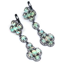 A pair of 925 silver drop earrings set with cabochon cut opals and white stones, L. 4.9cm.