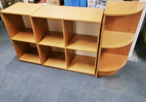 Two teak effect bookshelves together with a corner shelf, largest 88 x 85 x 39cm and a further