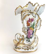 A large 19th C French Paris porcelain gilt finished cornucopia vase, H. 42cm.