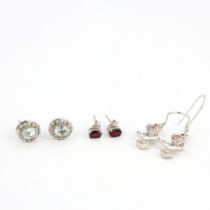 Three pairs of 925 silver stone set earrings, longest L. 4cm.