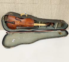 A cased antique violin, label inside reads Medio-fino. Violin body - 14 Inches.