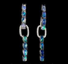 A pair of 925 silver drop earrings set with cabochon cut opals and white stones, L. 4.5.