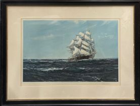 A large framed pencil signed lithograph by Montague Dawson c.1925, frame size 93 x 73cm.