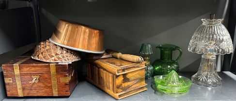 A olive wood box with a brass bound box, four glass items and three copper items.