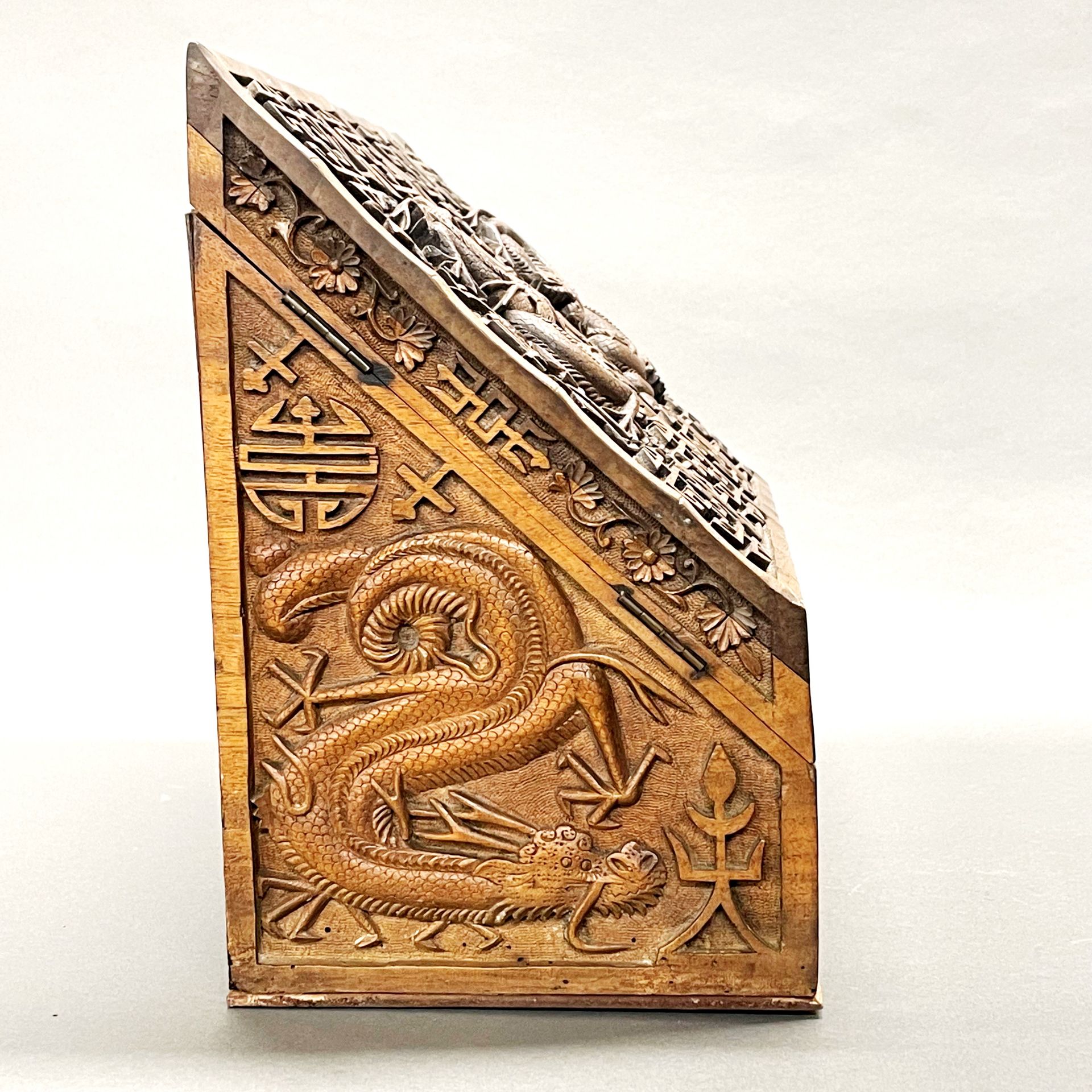 A Burmese carved wooden stationery box, personalised for Lt. Colonel Henry Courtney Brocklehurst, - Image 5 of 11