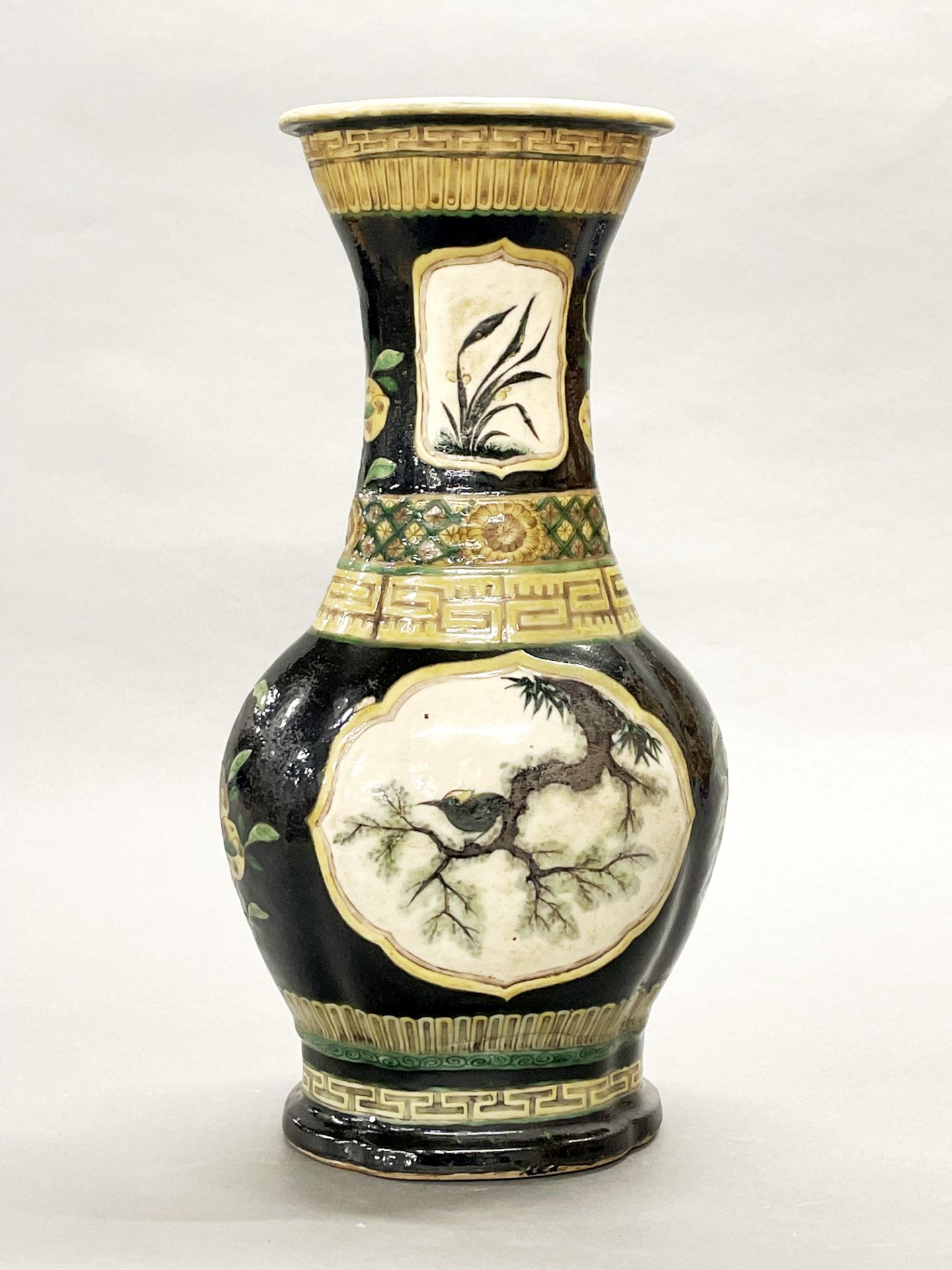 A Chinese Famille noir decorated stoneware vase, drilled as a lamp base, H. 42cm. - Image 3 of 4