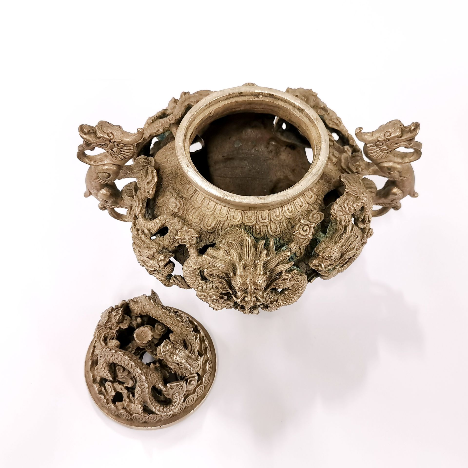 An ornate Chinese silvered metal dragon censer, H. 16CM. - Image 2 of 3