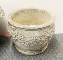 An antique carved sandstone planter, H. 39cm together with an antique cast concrete planter, H.