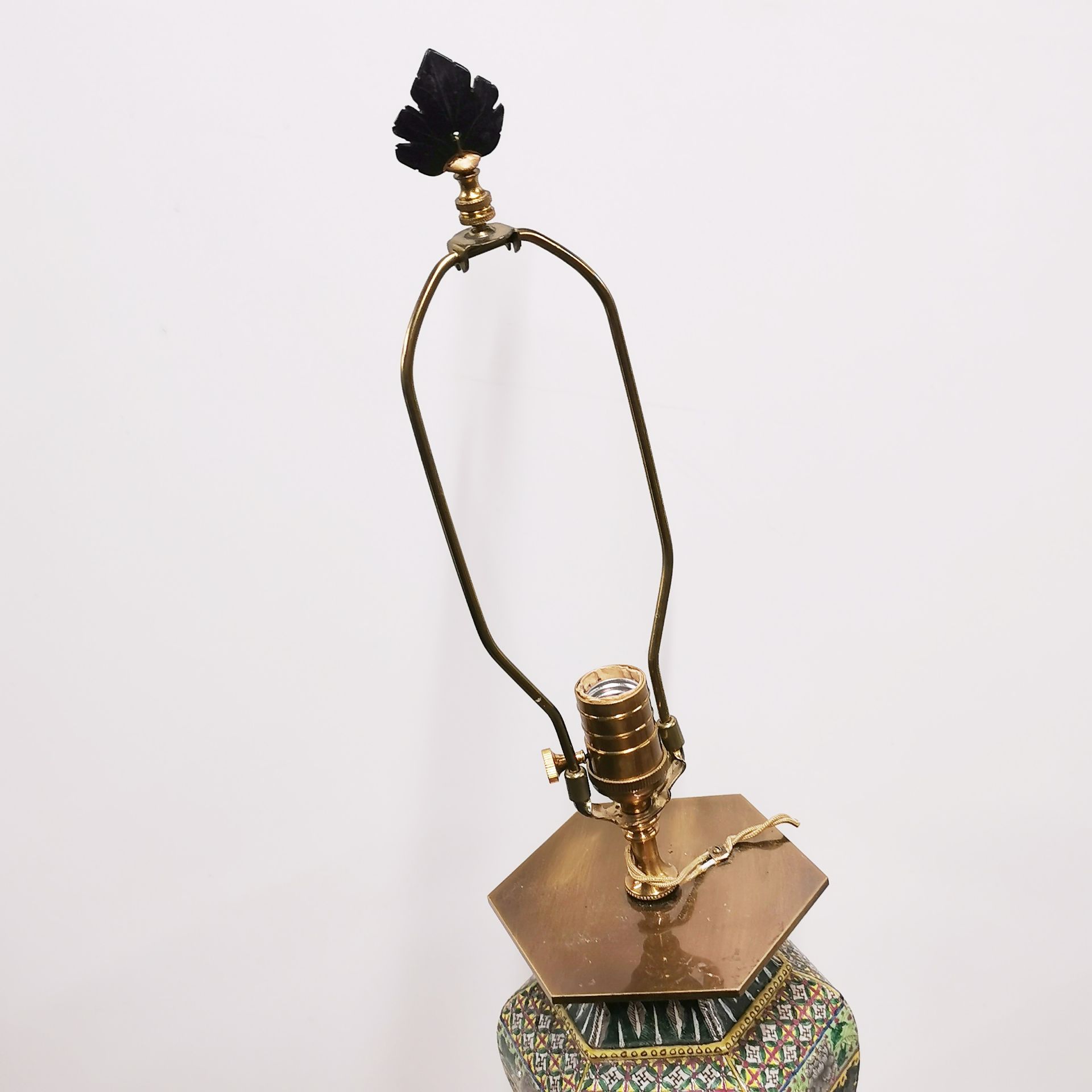 A mid-20th C Chinese porcelain hexagonal vase mounted as a table lamp, overall H. 89cm. - Image 3 of 5