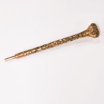 A lovely 19th C gold plated and mother of pearl parasol handle, L. 28cm.