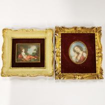 Two mid 20thC framed hand painted miniatures , frame size 18 x 19.5cm .