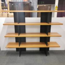 Two large oak effect and black finished display shelving units, 170 x 143 x 35cm.