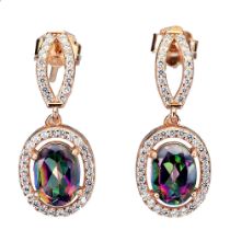 A pair of rose gold on 925 silver drop earrings set with mystic topaz and white stones, L. 2.5cm.