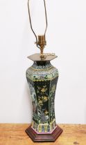 A mid-20th C Chinese porcelain hexagonal vase mounted as a table lamp, overall H. 89cm.