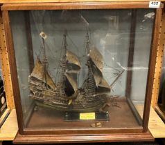 A large antique cased model galleon, cased size 64 x 37 x 59cm.