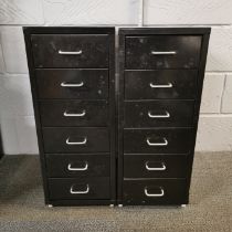 A pair of metal office chest of drawers, 69 x 42 x 28cm.