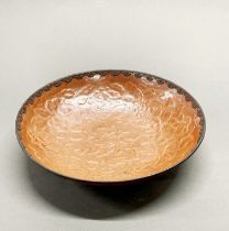 A fine Chinese white metal rimmed, brown glazed and relief decorated porcelain dish. Dia. 21.5cm, D.