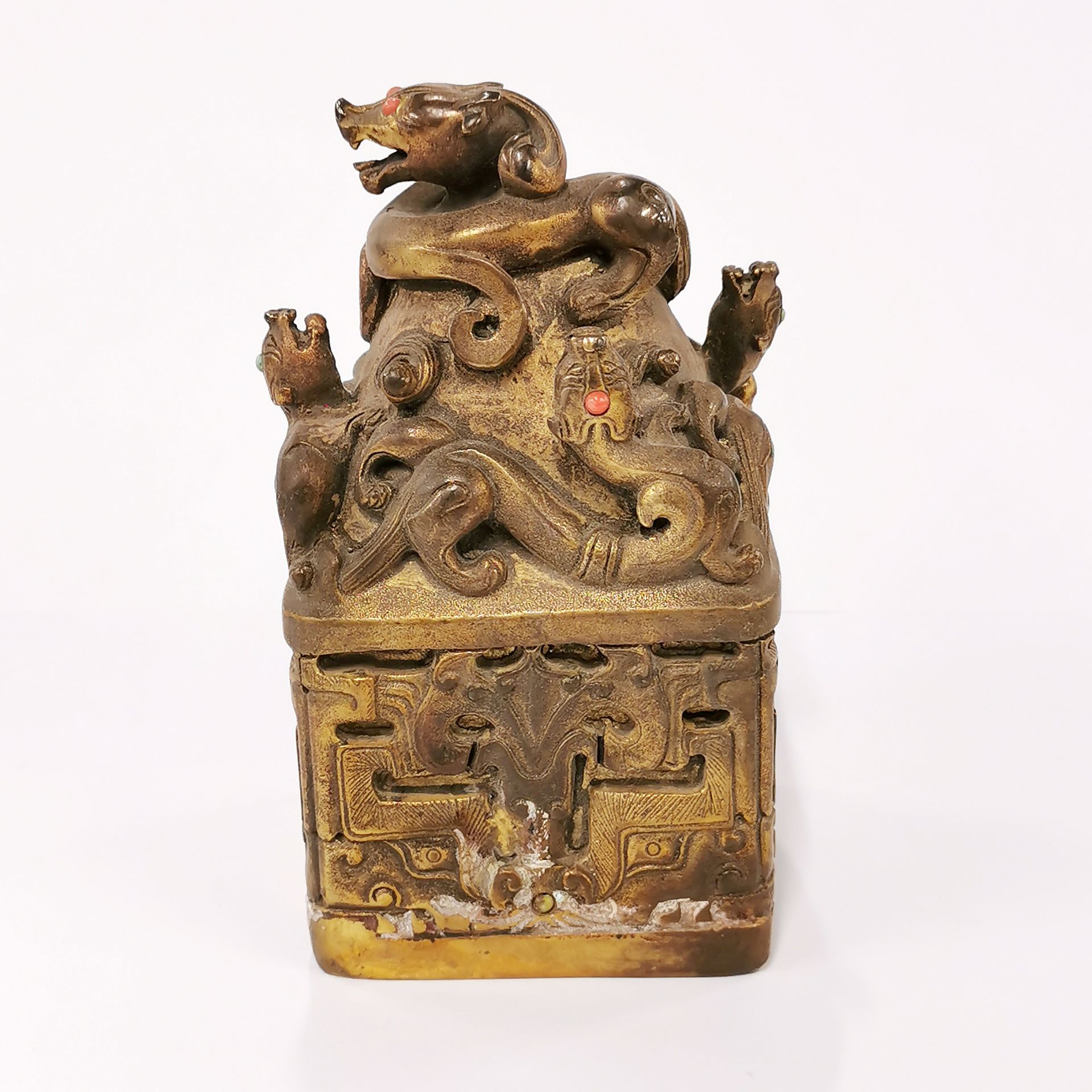 A Chinese gilt bronze scholar's seal with jewelled decoration, H. 17cm. - Image 2 of 3